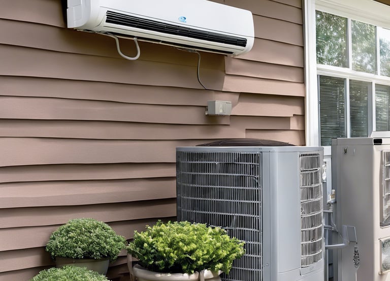 A series of air conditioning units are mounted on a metal structure outside a building with white paneling. Two large windows are visible behind the units, revealing the indoors with fluorescent lighting.