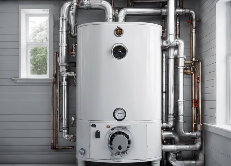 A brick building with a large sign reading 'WRF & S N Plumbing & Heating' on the front facade. There are advertisements for Goulds Pumps, water conditioners, and supplies on the wall. The storefront features large glass windows displaying plumbing-related items. The door on the left is labeled '15 N Main' and there is a sign indicating propane cylinder refills.