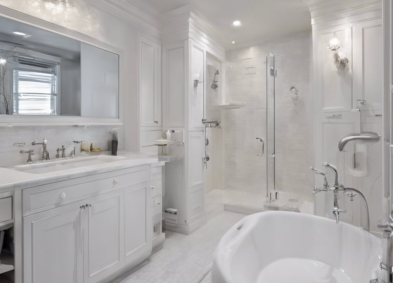 An outdoor area features a modern heat pump unit positioned against a white wall. The setting is minimalist, with a stone and pebble landscape surrounding the unit. Two black planters contain manicured green shrubs, adding a touch of nature to the space. A reflective silver garden sphere provides a decorative element amidst the functional design.