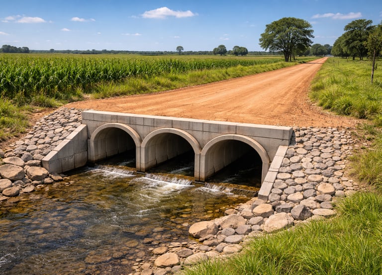 Bueiro tubular de concreto em estrada rural de Mato Grosso com drenagem de água sob estrada de terra