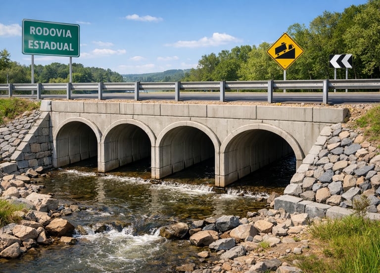 Galeria de aduelas de concreto instalada sob rodovia estadual para drenagem de águas pluviais