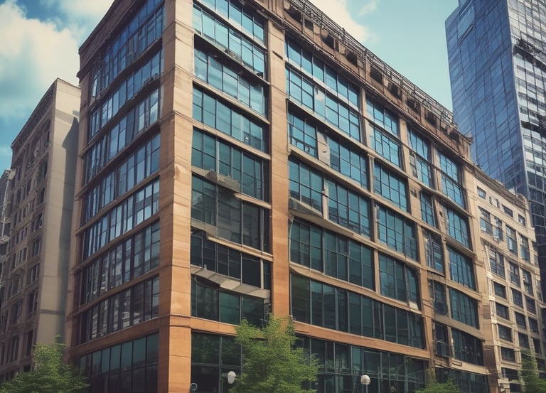 The image features the facade of a modern office building with a clean, geometric design. It is constructed with a combination of red brick and large glass panels, and there is a prominently displayed sign for Tata Consultancy Services in blue. Trees partially frame the view, and a lamppost is visible at the foreground.