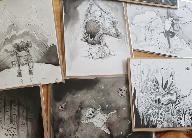 plusieurs illustrations en encre de chine