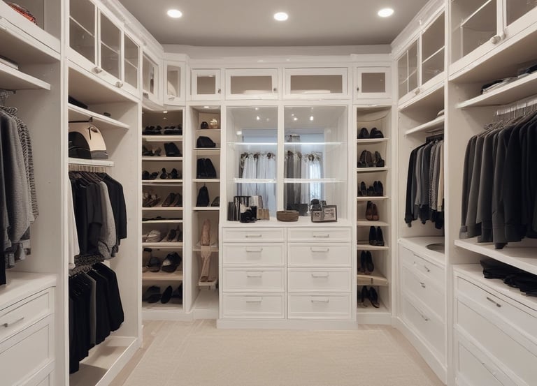 A minimalist built-in cabinet with a white exterior and a recessed wooden alcove. The alcove has a small green cushion and six black pegs arranged on the back wall. The floor features a herringbone wood pattern.