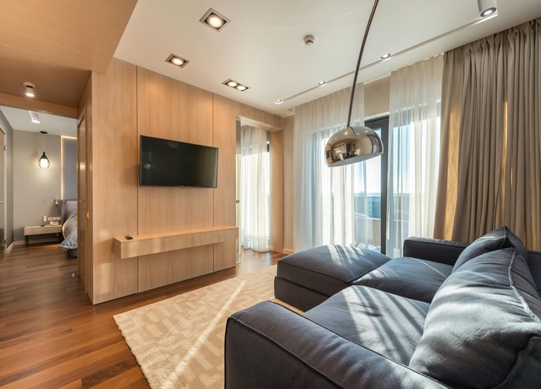 a living room with a couch and a television