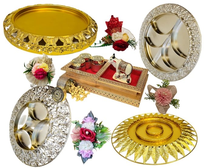 a variety of decorative items including a tray of silverware