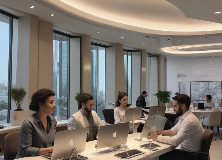 A professional team discussing trading strategies in an office.