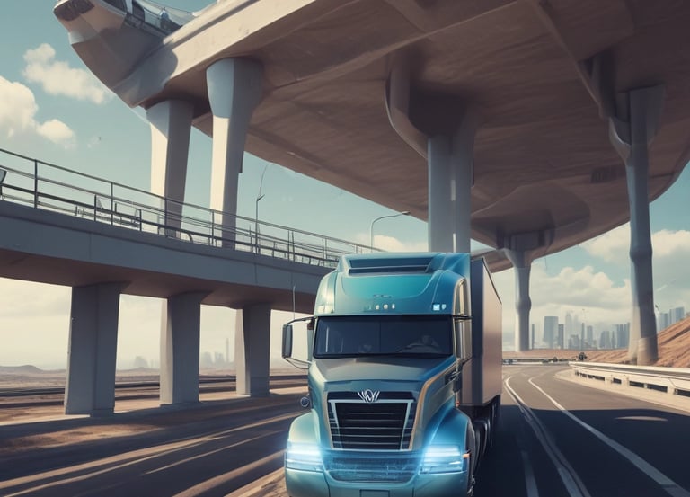 A vibrant image of a freight truck driving on an American highway.