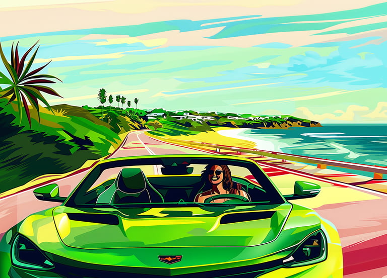 a woman driving a car on a road, car rental, P2P car share app Jamaica