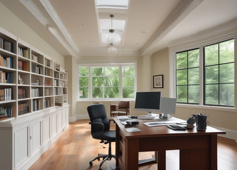 A man is painting on a wall, wearing a white shirt with red stripes and a hat. He is using a small brush on a piece of taped paper, creating an artwork that appears to depict a tree. The wall is beige and features architectural molding.