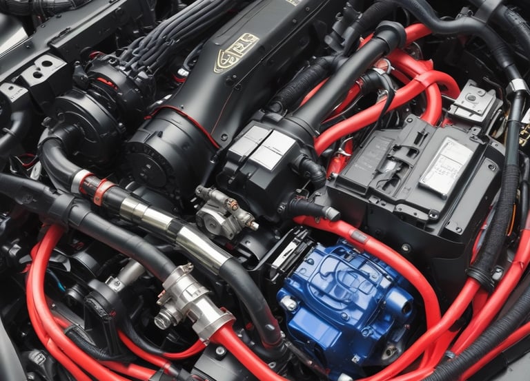 a close up of a motorcycle engine with a red handlebar