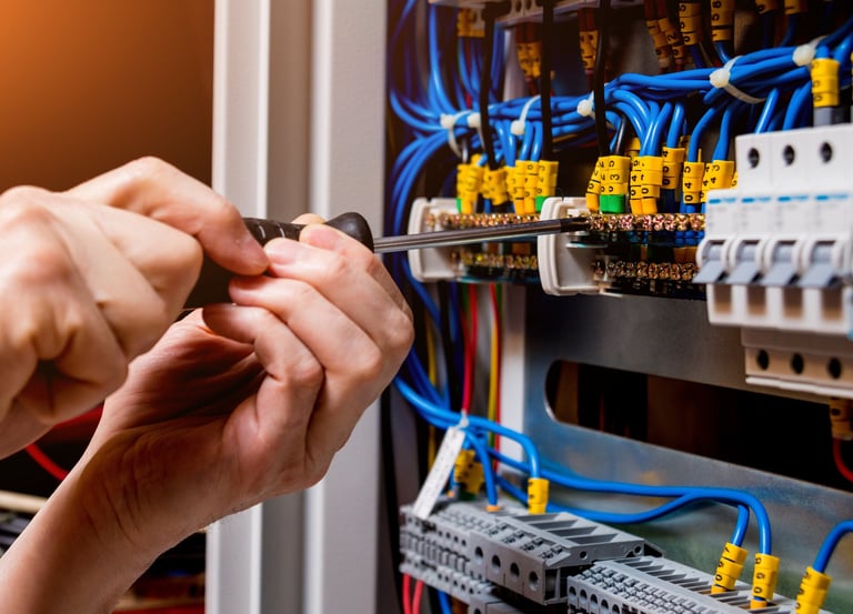 An electrician's hands working in an electrical panel