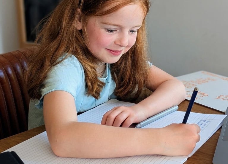 Primary aged girl smiling while writing in a notebook during a tutoring lesson.