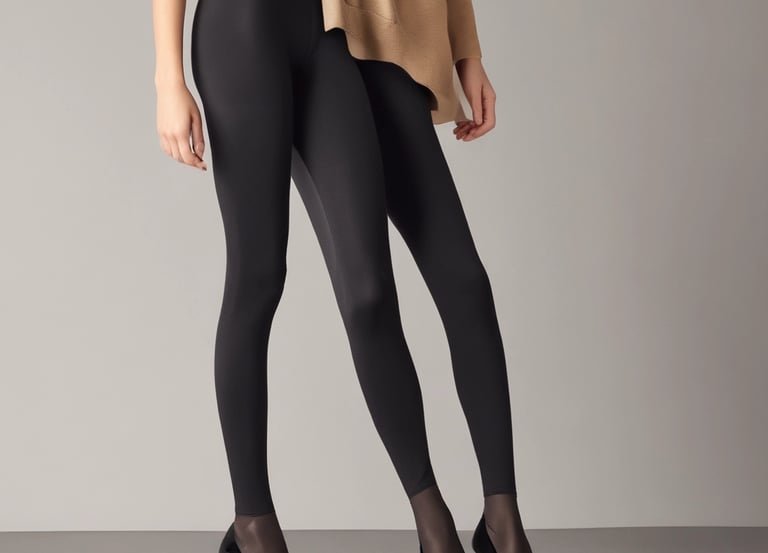 a woman in black tights and heels standing in front of a white wall