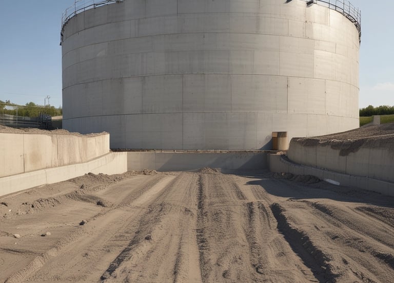 An industrial facility with a large metal structure featuring tall towers and connecting pipes. The building in the foreground is constructed from white-painted bricks and has a metal roof. Surrounding the area are trees and grass, while power lines stretch across the sky.
