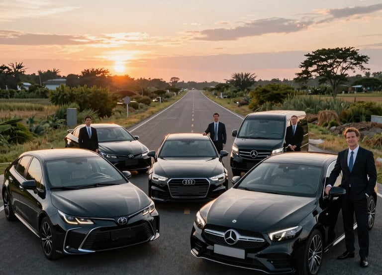 A sleek executive car parked outside a modern airport terminal at sunset.