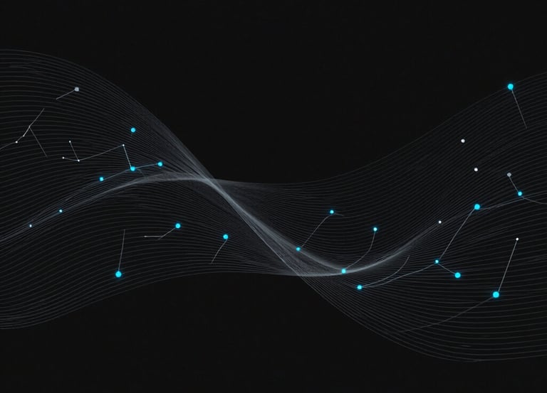 A sleek dark-themed graphic showing two columns with minimalistic icons representing AI workflows and system integration.