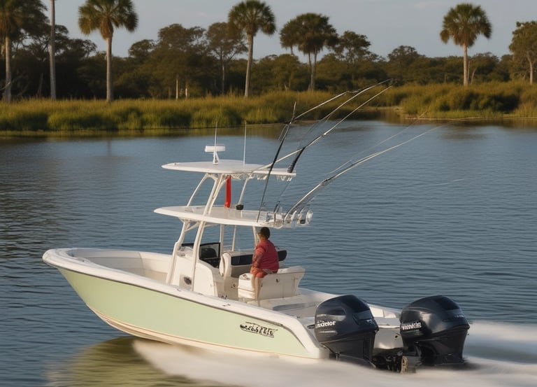 A small, mint-green motorboat with a cabin docked among other boats in a marina, surrounded by calm, clear water. The boat has a simple design with windows on the cabin and a white hatch on the deck.