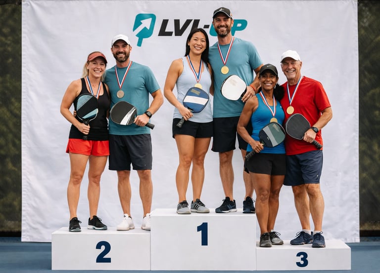 Pickleball podium ceremony with medal winners at a competitive event