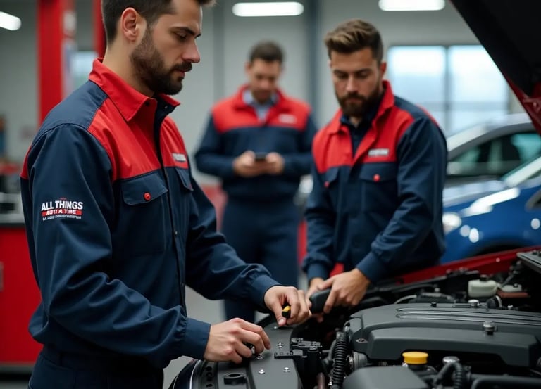 Mechanics repairing a car engine inside a professional auto repair shop for quality service 