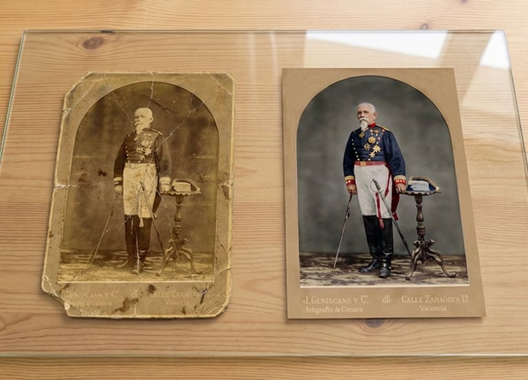 Side-by-side comparison of a vintage military portrait showing professional photo restoration results.