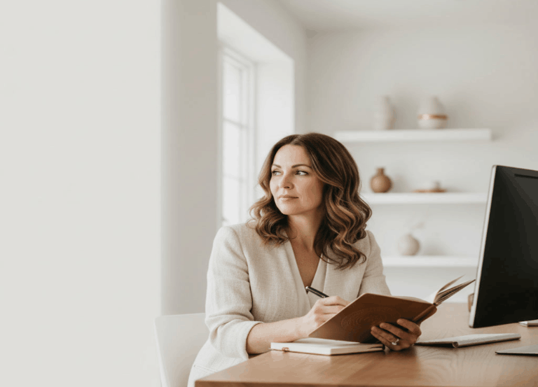 Anneli Schön sitting thoughtfully in a calm workspace looking of of the window