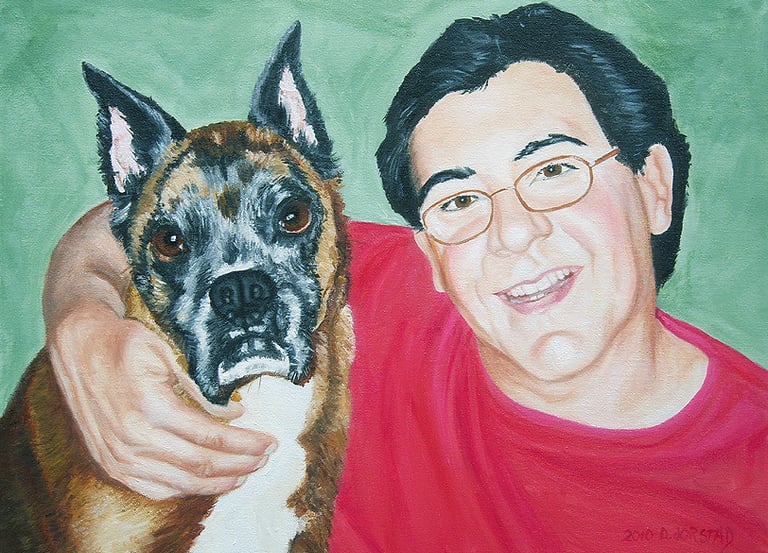 adult male and dog female children portrait art artist painting commission hire artist diane jorstad