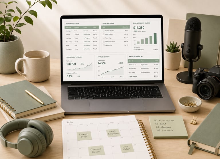 Laptop showing a creator dashboard with content calendar, launch planner, revenue tracker, microphon