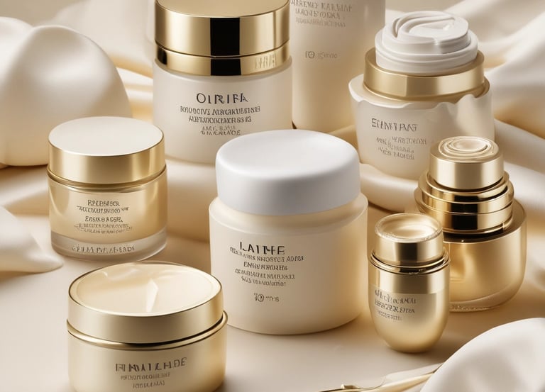 Close-up of elegant skincare products arranged on a marble surface with soft natural light.