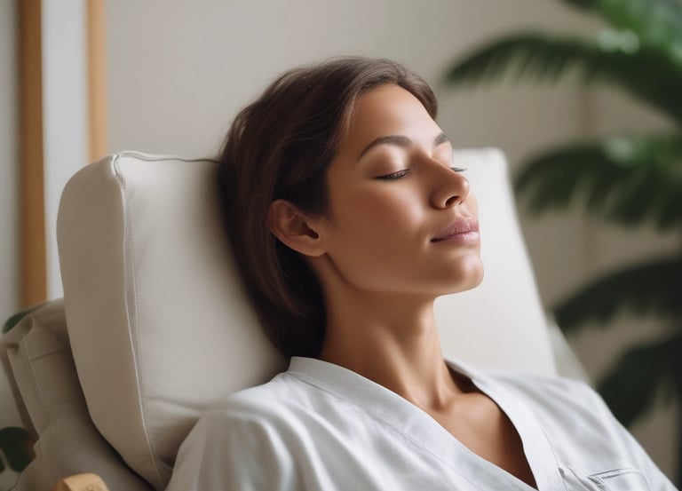 a woman is sitting in a chair with her eyes closed in comfort 