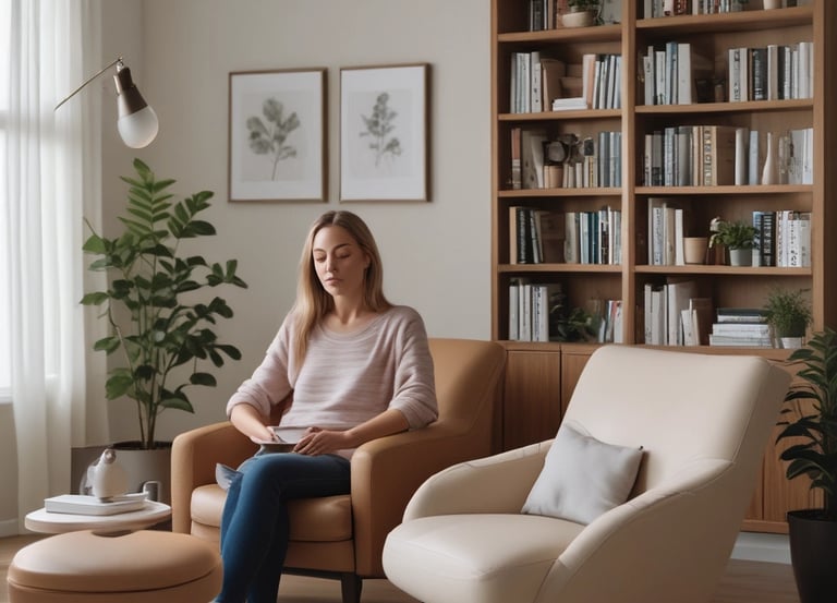 a woman sitting in a chair in a therapy room