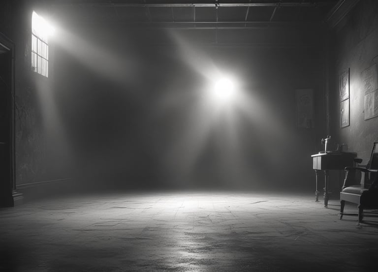 A close-up of a vintage microphone on a minimalist stage bathed in soft white light.