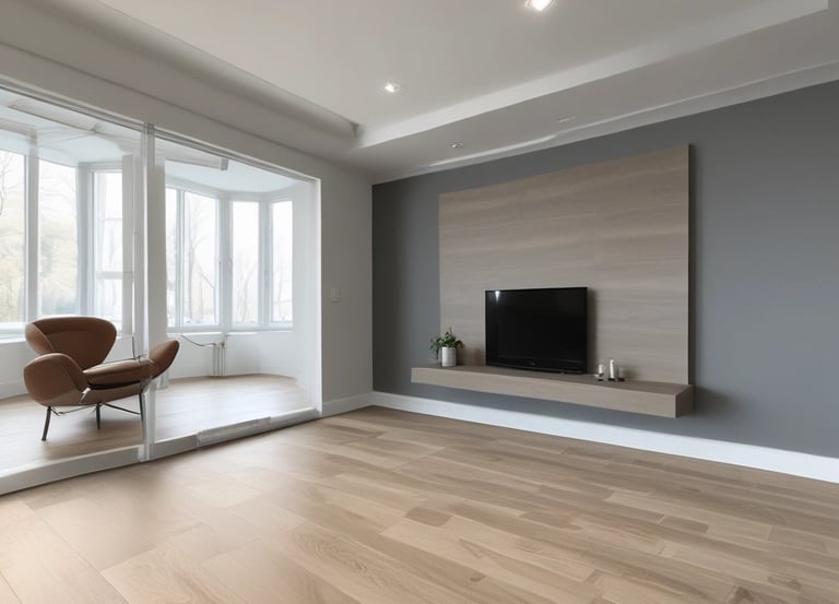 A skilled installer laying hardwood flooring in a bright, modern living room.