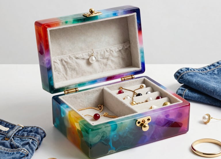 A colorful tie-dye acrylic jewelry box containing gold and pearl accessories on a white surface with denim.