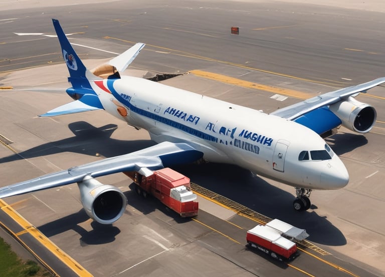 Cargo plane being loaded at a bustling airport terminal.