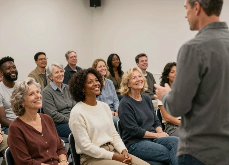 A warm, inviting classroom setting with seniors and professionals engaged in a wellness workshop.