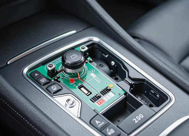 Technician repairing a car's electronic control unit in a workshop.