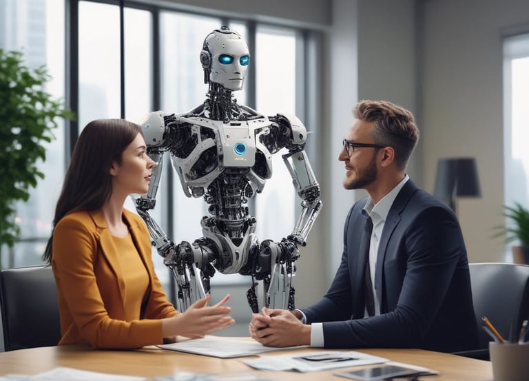A professional consultant discussing AI strategy with a small business owner in a modern office.