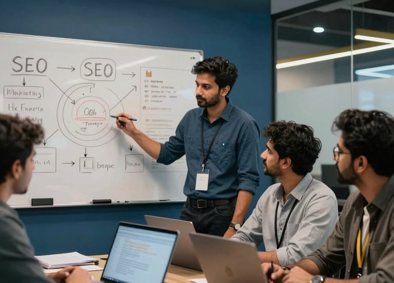 A vibrant Indian digital agency team collaborating over laptops with colorful design sketches.