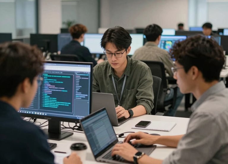 A creative workspace with a laptop, sketches of logos, and digital tools on a wooden desk.