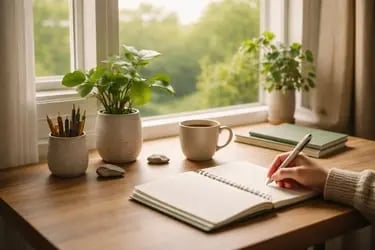 Bureau zen avec carnet de notes : services d'IA, expertise technique et outils de réflexion durable par ÉcoScriptum.