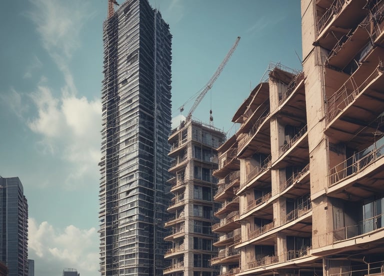Construction workers collaborating on a modern building site under clear skies.