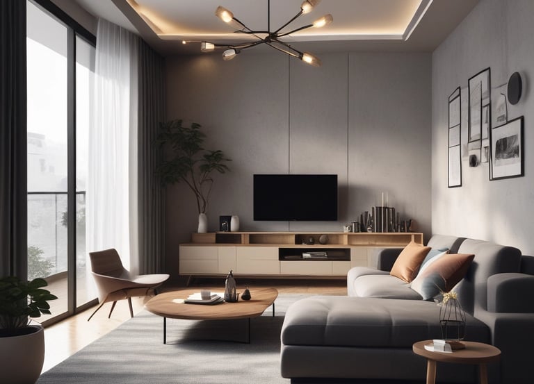 A cozy, stylish living room with warm lighting and tasteful decor that invites comfort. more tech