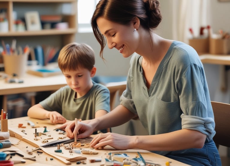 A joyful family crafting colorful DIY home décor together at a sunny kitchen table.