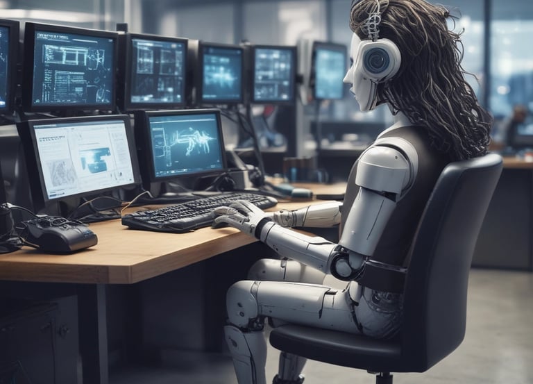 Sleek workspace with multiple screens displaying AI data analytics and website design interfaces.