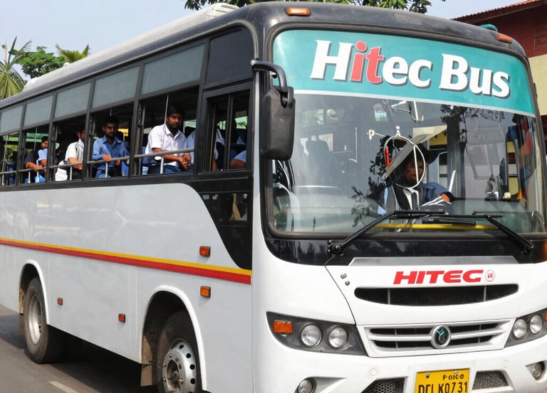 A vibrant bus traveling through scenic South Indian landscapes with temples in the background