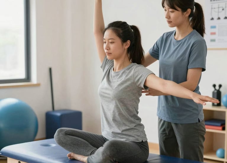 A caring physical therapist assisting a patient with gentle stretching exercises in a bright, welcoming clinic room.
