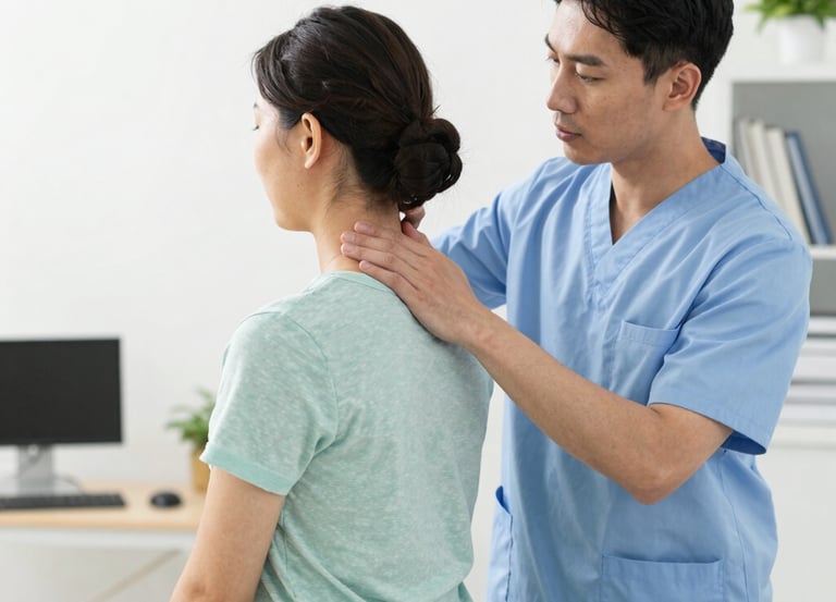 A compassionate physical therapist guiding a patient through a gentle stretching exercise in a bright Bronx clinic.