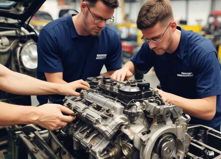 A mobile mechanic working on a semi-truck engine roadside with tools.