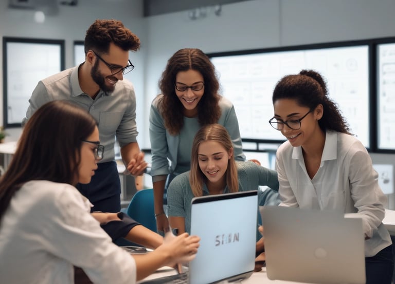 A professional setting showing a team collaborating over automation software on laptops.